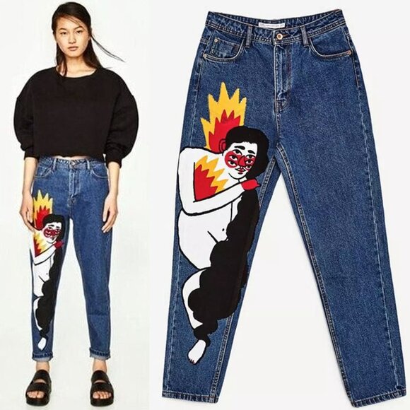 Zara Denim - NEW TRF Zara x Ricardo Cavolo Hand Oil Painted Mom Jeans 4 + Belt Dark Wash Rare